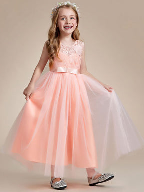 Blumenmädchenkleid Prinzessin Bow Ärmellos Spitze Tüll CK60042