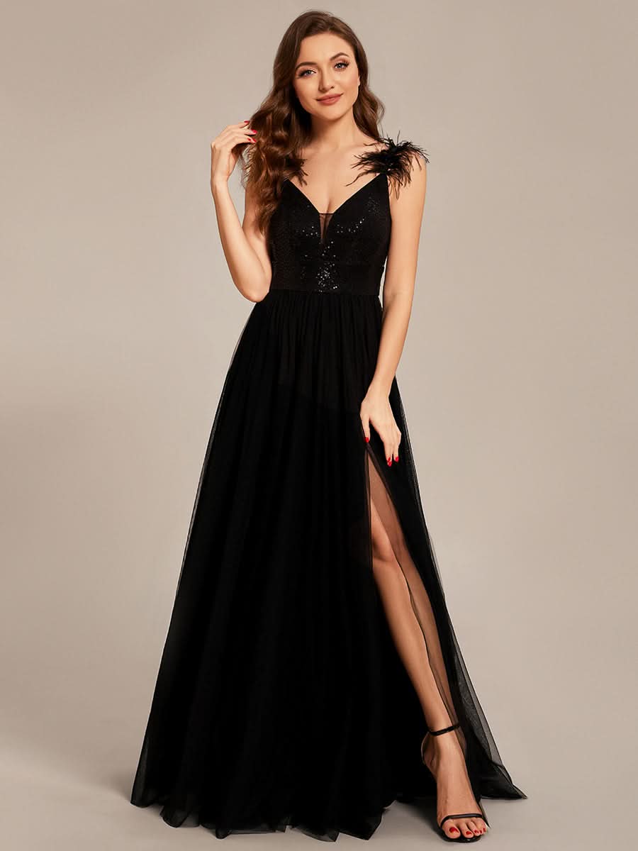 Größe Nach Maß Kunstfeder hoher Schlitz Ballkleid mit Pailletten #farbe_schwarz