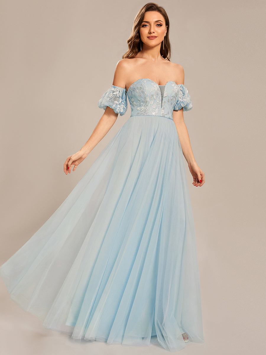 Größe Nach Maß Tüll-Abschlussballkleid im Prinzessinnen-Stil mit Puffärmeln #farbe_blau