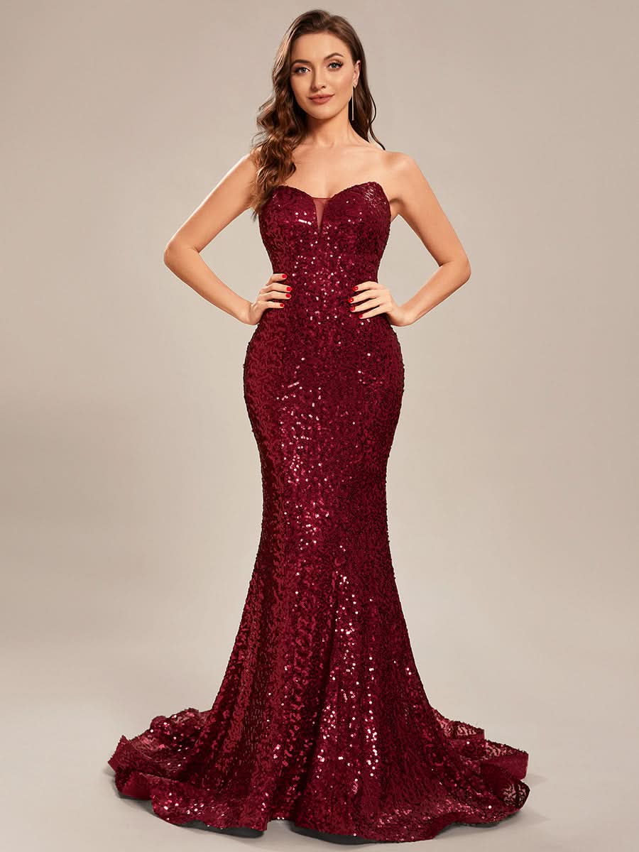 Größe Nach Maß Trägerloses herzförmiges langes figurbetontes Pailletten-Abschlussballkleid #farbe_Burgundy