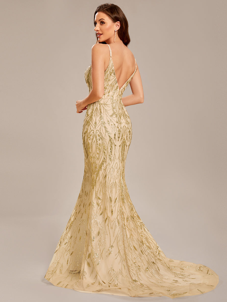 Größe Nach Maß Pailletten elegantes Spaghetti Träger langes Meerjungfrau Abschlussballkleid #farbe_Gold