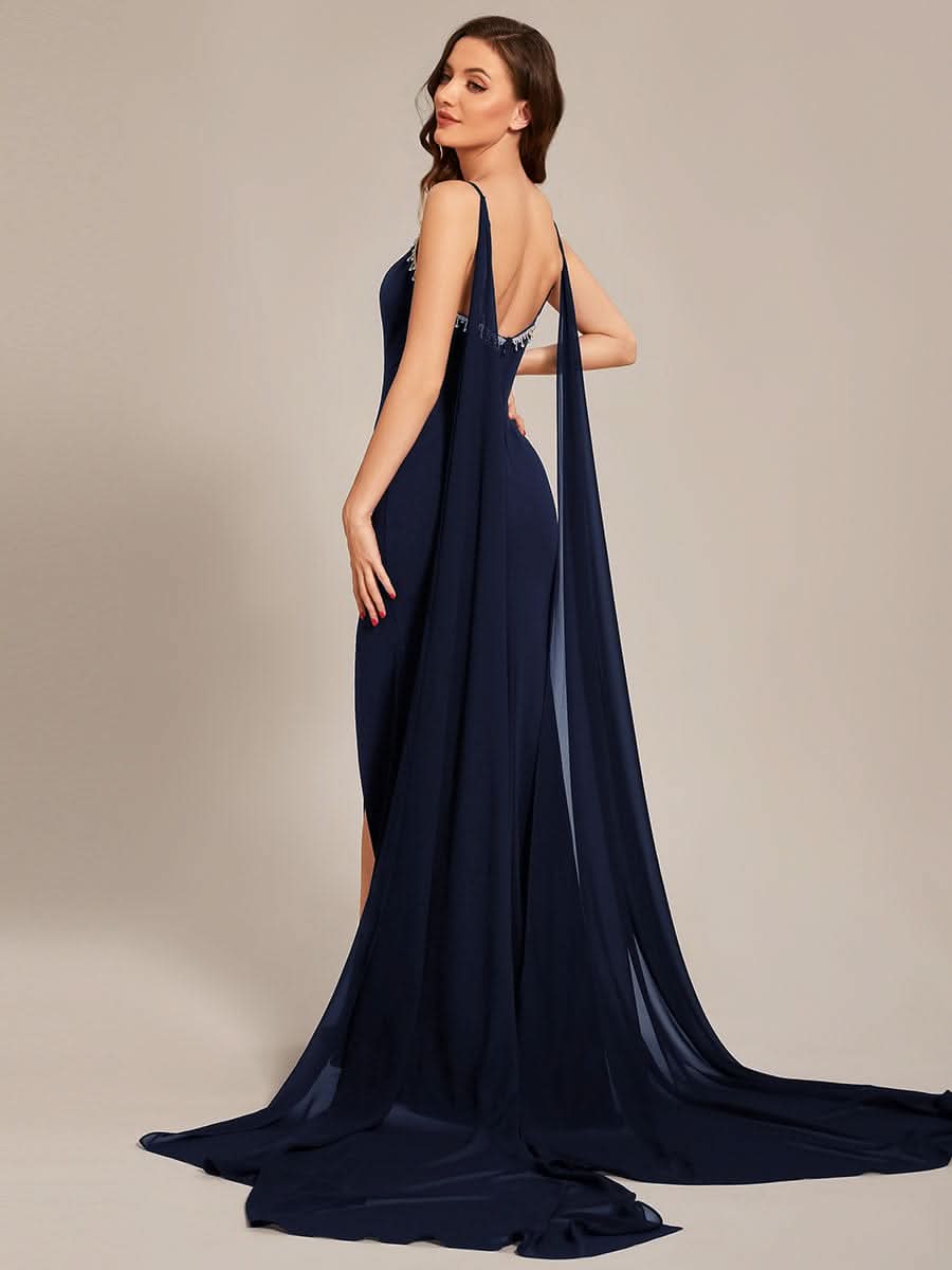Größe Nach Maß Chiffon Streamer Spaghetti-TrÄger Ballkleider #Farbe_Navy blau