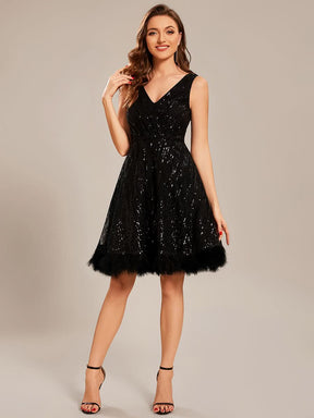 Größe Nach Maß V-Ausschnitt Pailletten Feder kurzes Ballkleid CS01686