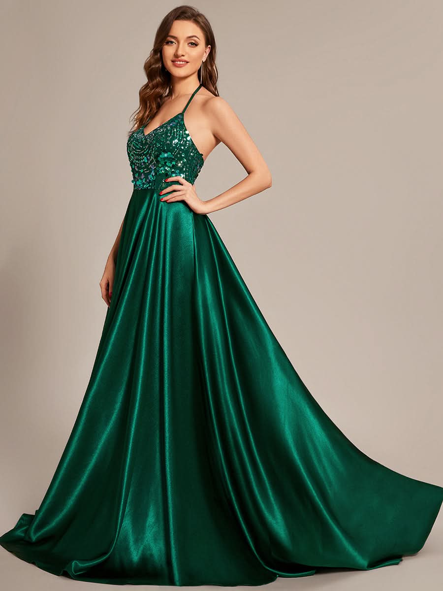Größe Nach Maß Langes Ballkleid mit V-Ausschnitt und Glitzer-Pailletten #farbe_Dunkel Gruen