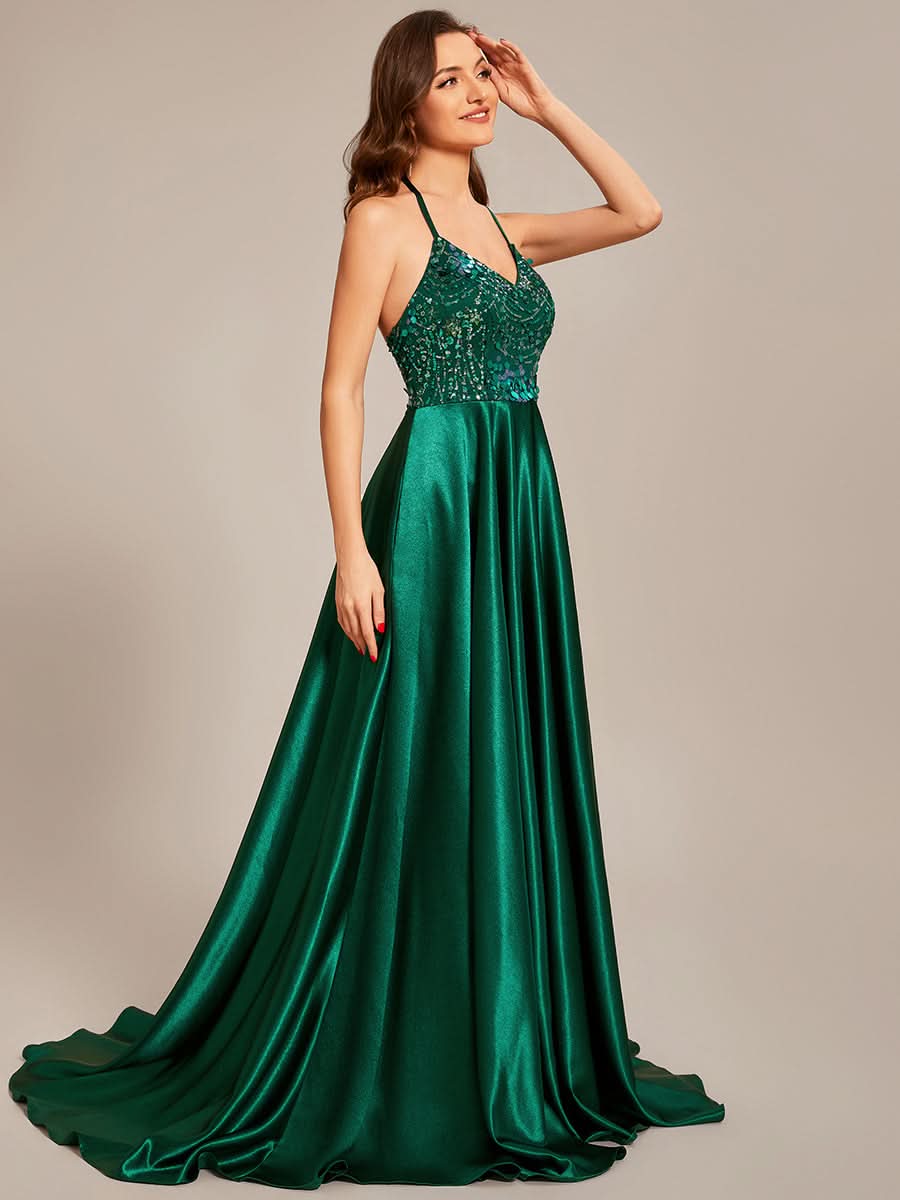 Größe Nach Maß Langes Ballkleid mit V-Ausschnitt und Glitzer-Pailletten #farbe_Dunkel Gruen