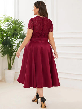 Größe Nach Maß Elegantes Midi-Abendkleid mit V-Ausschnitt und gestickter Blume und kurzen Ärmeln 40400