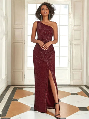 Größe Nach Maß Paillettenlanges Abendkleid mit einer Schulter und Split 00116
