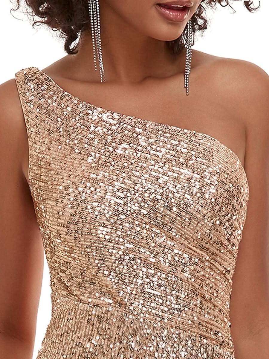 Größe Nach Maß Paillettenlanges Abendkleid mit einer Schulter und Split #farbe_Champagner