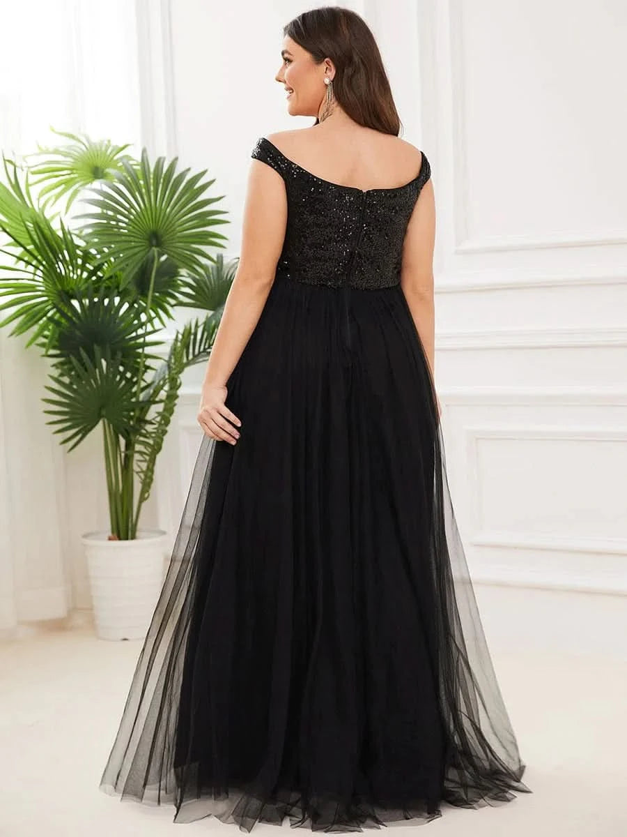 Plus Size Atemberaubendes Ärmelloses Abendkleid mit hoher Taille aus Tüll und Pailletten #Farbe_Schwarz