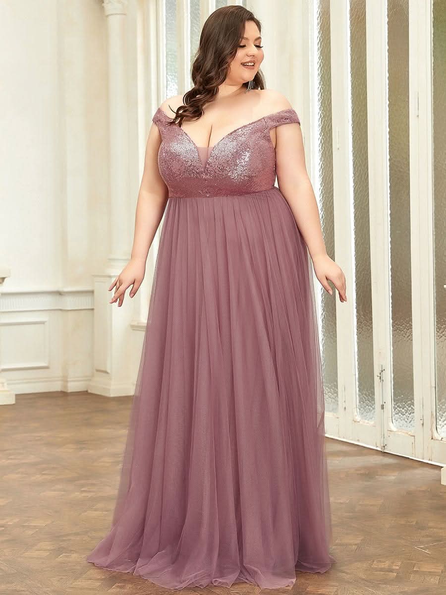Plus Size Atemberaubendes Ärmelloses Abendkleid mit hoher Taille aus Tüll und Pailletten #Farbe_Orchid