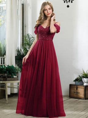 Größe Nach Maß Pailletten Mieder Kalte Schulter bodenlangen Tüll Brautjungfernkleid 00768
