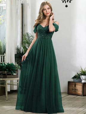 Größe Nach Maß Pailletten Mieder Kalte Schulter bodenlangen Tüll Brautjungfernkleid 00768