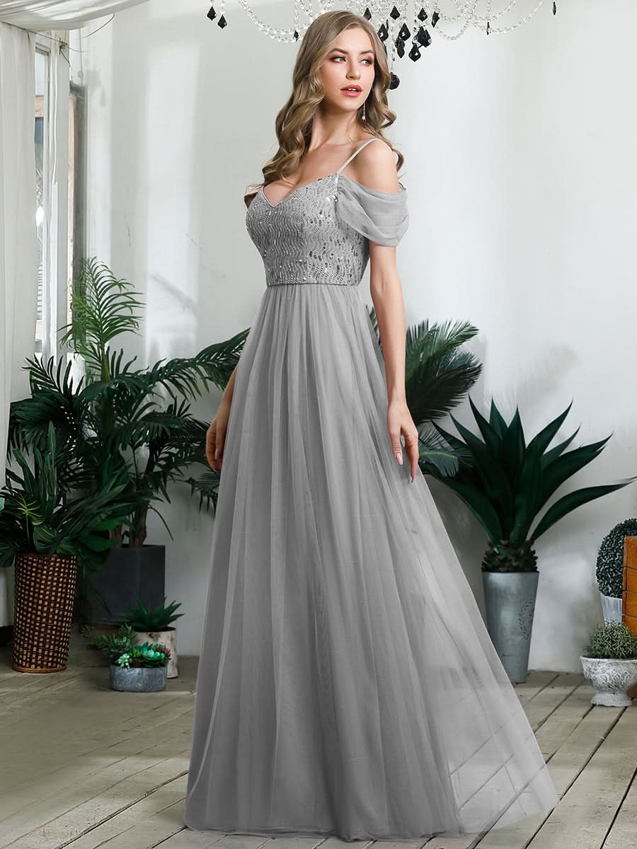Größe Nach Maß Custom Size Pailletten Mieder Kalte Schulter bodenlangen Tüll Brautjungfernkleid #farbe_Grau