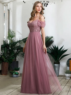Größe Nach Maß Pailletten Mieder Kalte Schulter bodenlangen Tüll Brautjungfernkleid 00768