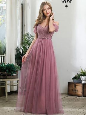 Größe Nach Maß Pailletten Mieder Kalte Schulter bodenlangen Tüll Brautjungfernkleid 00768