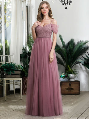 Größe Nach Maß Pailletten Mieder Kalte Schulter bodenlangen Tüll Brautjungfernkleid 00768
