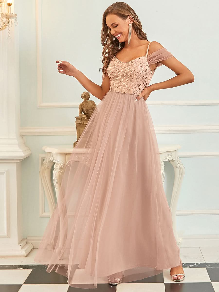 Größe Nach Maß Custom Size Pailletten Mieder Kalte Schulter bodenlangen Tüll Brautjungfernkleid #farbe_Rosa Gold