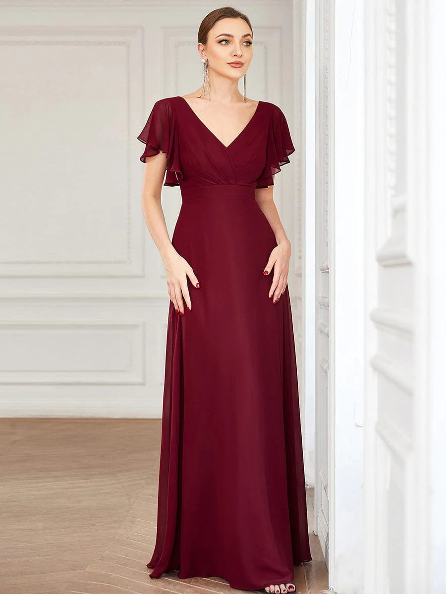 Größe Nach Maß Kurzes plissiertes bodenlanges Abendkleid mit FlatterÄrmeln #farbe_Burgundy
