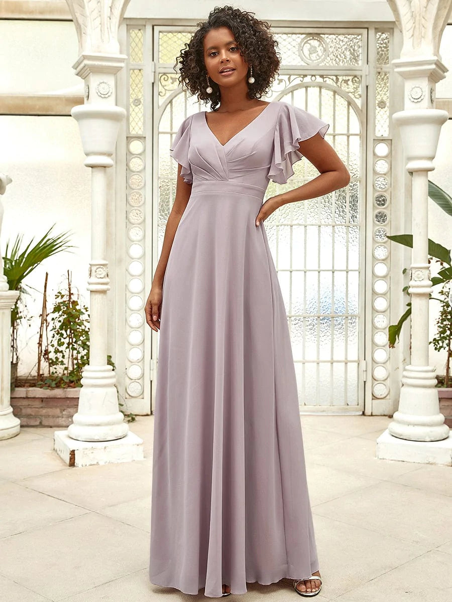 Größe Nach Maß Kurzes plissiertes bodenlanges Abendkleid mit FlatterÄrmeln #farbe_Lilac