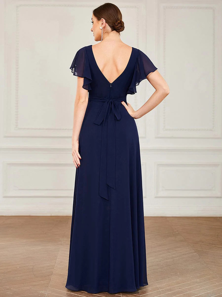 Größe Nach Maß Kurzes plissiertes bodenlanges Abendkleid mit FlatterÄrmeln #farbe_Navy Blau