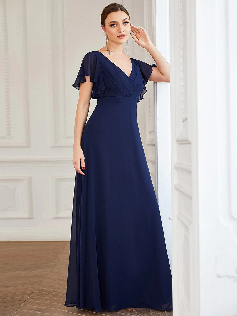 Größe Nach Maß Kurzes plissiertes bodenlanges Abendkleid mit FlatterÄrmeln #farbe_Navy Blau
