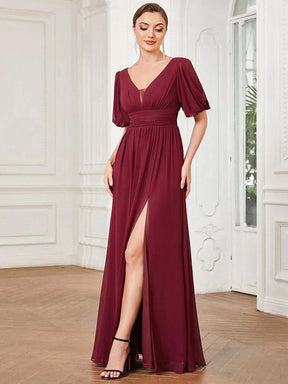 Größe Nach Maß Kurzärmliges Chiffon-Abendkleid mit V-Ausschnitt und Schlitz 01385