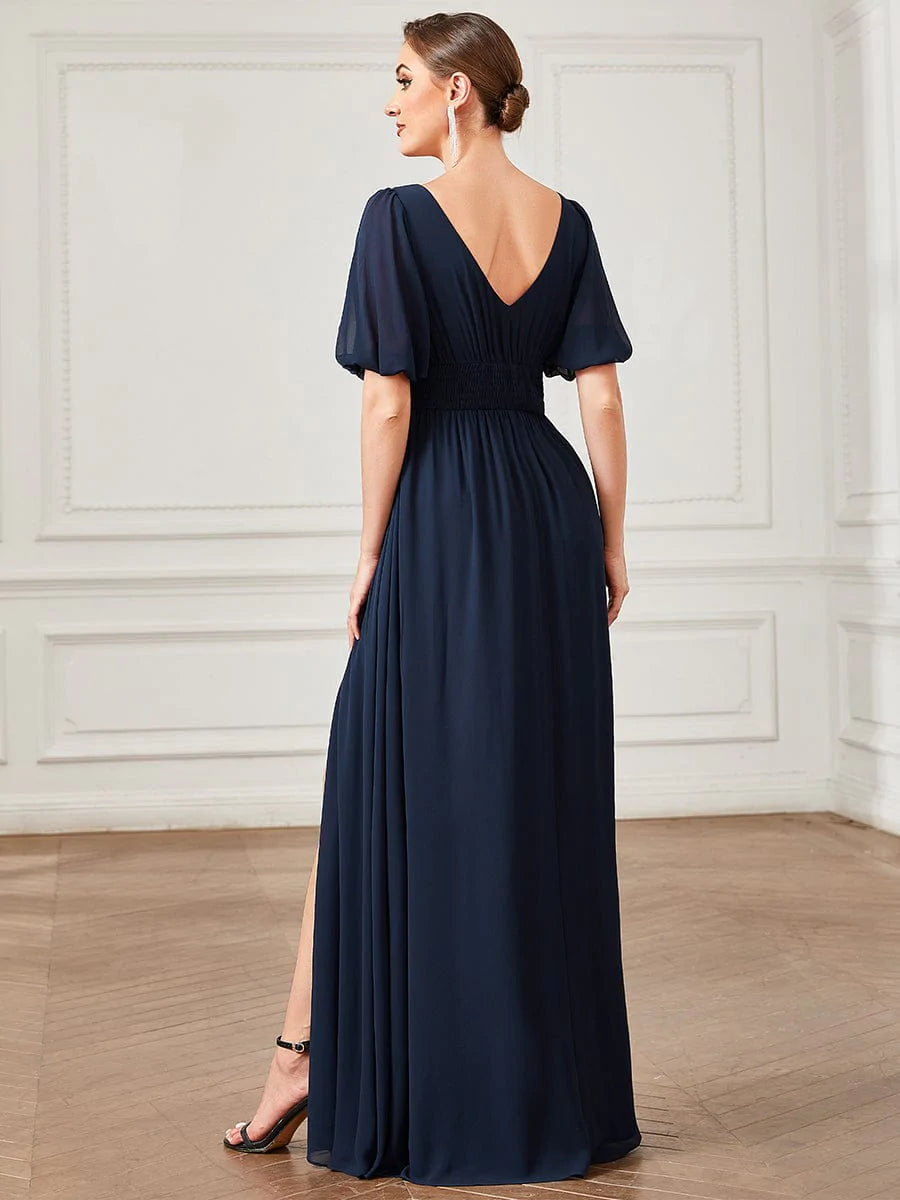 Größe Nach Maß KurzÄrmliges Chiffon-Abendkleid mit V-Ausschnitt und Schlitz #Farbe_Navy Blau