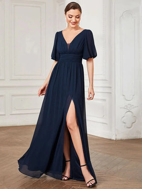 Größe Nach Maß Kurzärmliges Chiffon-Abendkleid mit V-Ausschnitt und Schlitz 01385