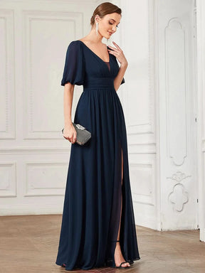 Größe Nach Maß Kurzärmliges Chiffon-Abendkleid mit V-Ausschnitt und Schlitz 01385