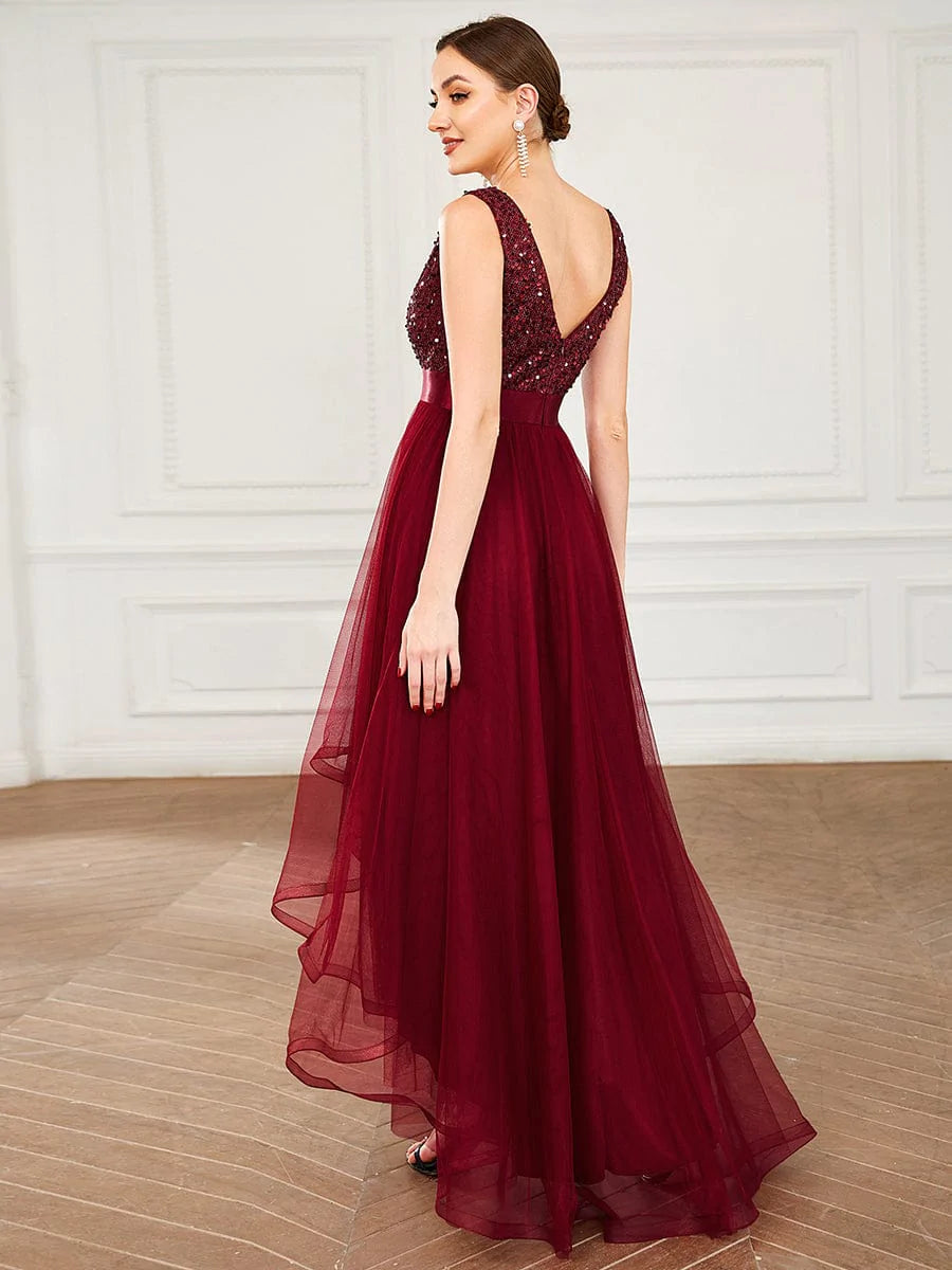 V-Ausschnitt Tulle high-low Paillettenkleider Sleeveless Abendkleider #farbe_Burgundy