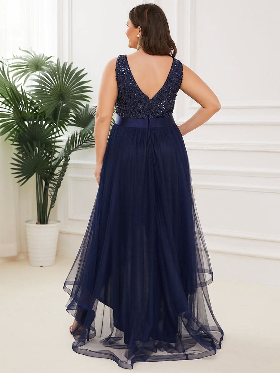 übergröße ärmelloses High-Low-Abendkleid mit V-Ausschnitt und Pailletten #farbe_navy blau