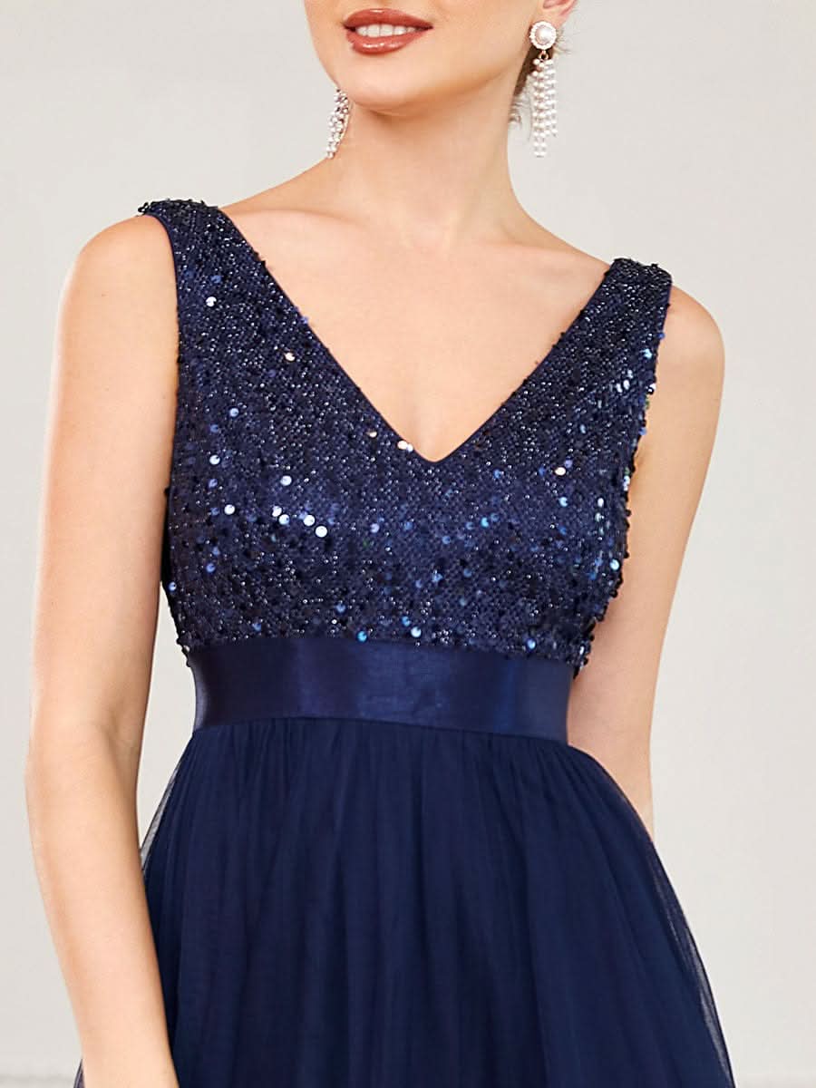 V-Ausschnitt Tulle high-low Paillettenkleider Sleeveless Abendkleider #farbe_navy blau