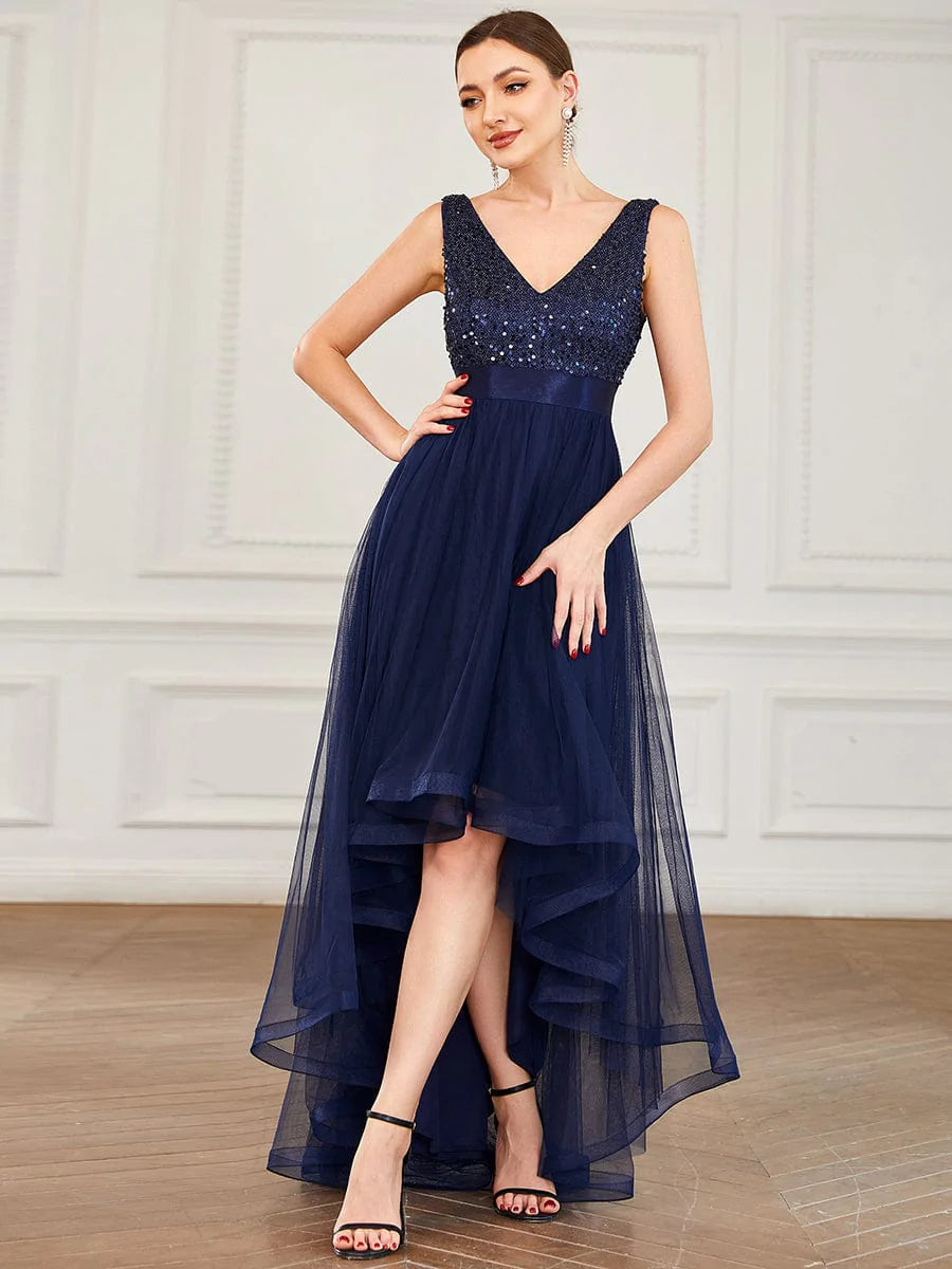 V-Ausschnitt Tulle high-low Paillettenkleider Sleeveless Abendkleider #farbe_navy blau