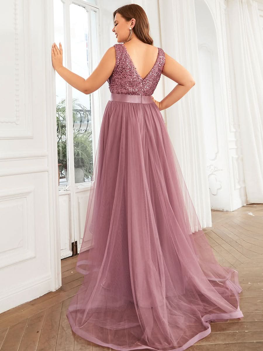V-Ausschnitt Tulle high-low Paillettenkleider Sleeveless Abendkleider #farbe_orchid