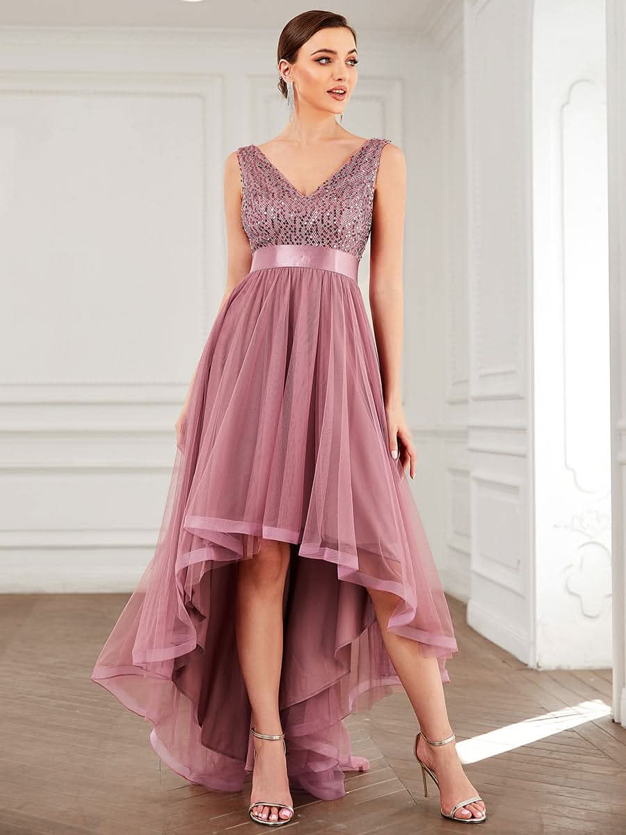 V-Ausschnitt Tulle high-low Paillettenkleider Sleeveless Abendkleider #farbe_orchid