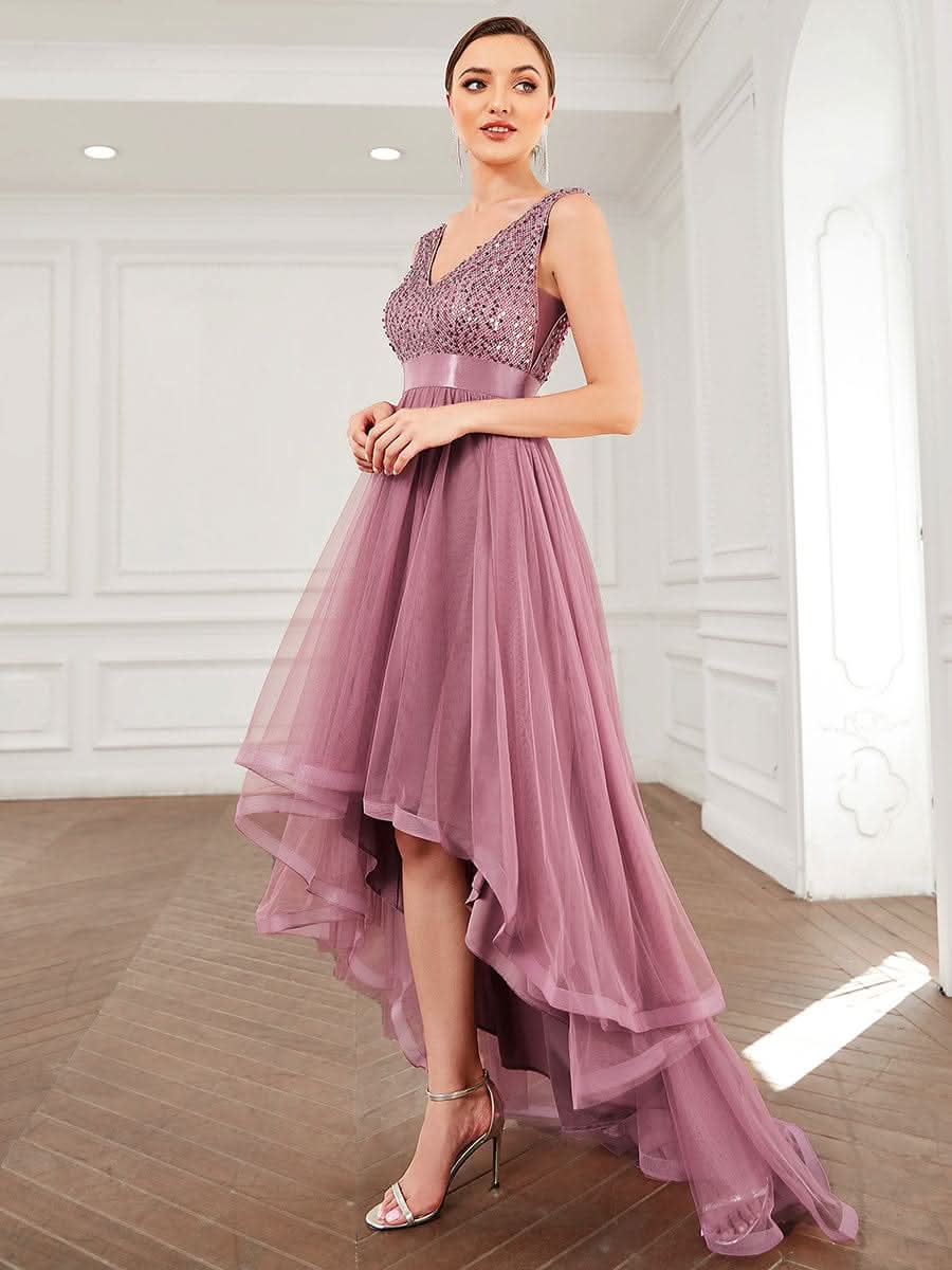 V-Ausschnitt Tulle high-low Paillettenkleider Sleeveless Abendkleider #farbe_orchid