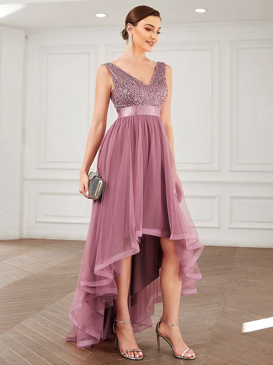 V-Ausschnitt Tulle high-low Paillettenkleider Sleeveless Abendkleider #farbe_orchid