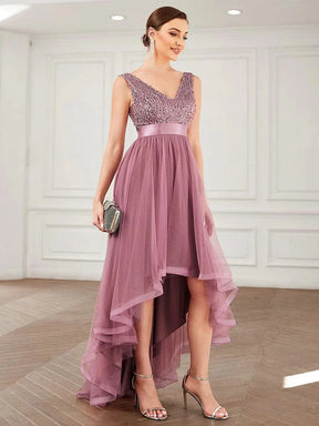 Größe Nach Maß V-Ausschnitt Tulle high-low Paillettenkleider Sleeveless Abendkleider 0147A