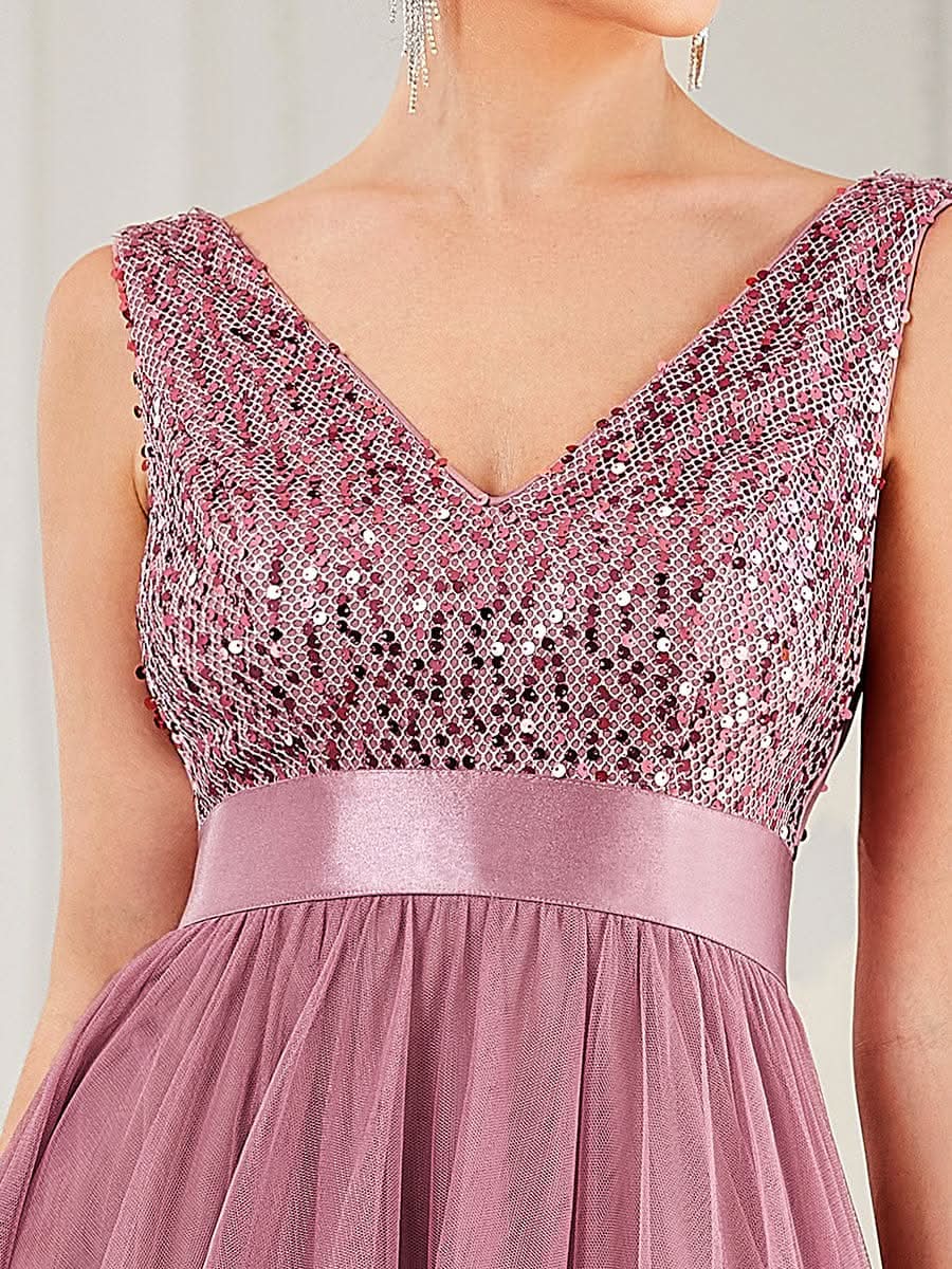 V-Ausschnitt Tulle high-low Paillettenkleider Sleeveless Abendkleider #farbe_orchid