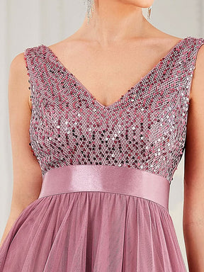 Größe Nach Maß V-Ausschnitt Tulle high-low Paillettenkleider Sleeveless Abendkleider 0147A