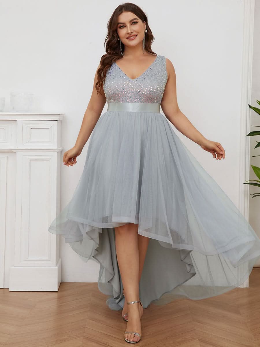 V-Ausschnitt Tulle high-low Paillettenkleider Sleeveless Abendkleider #farbe_silver