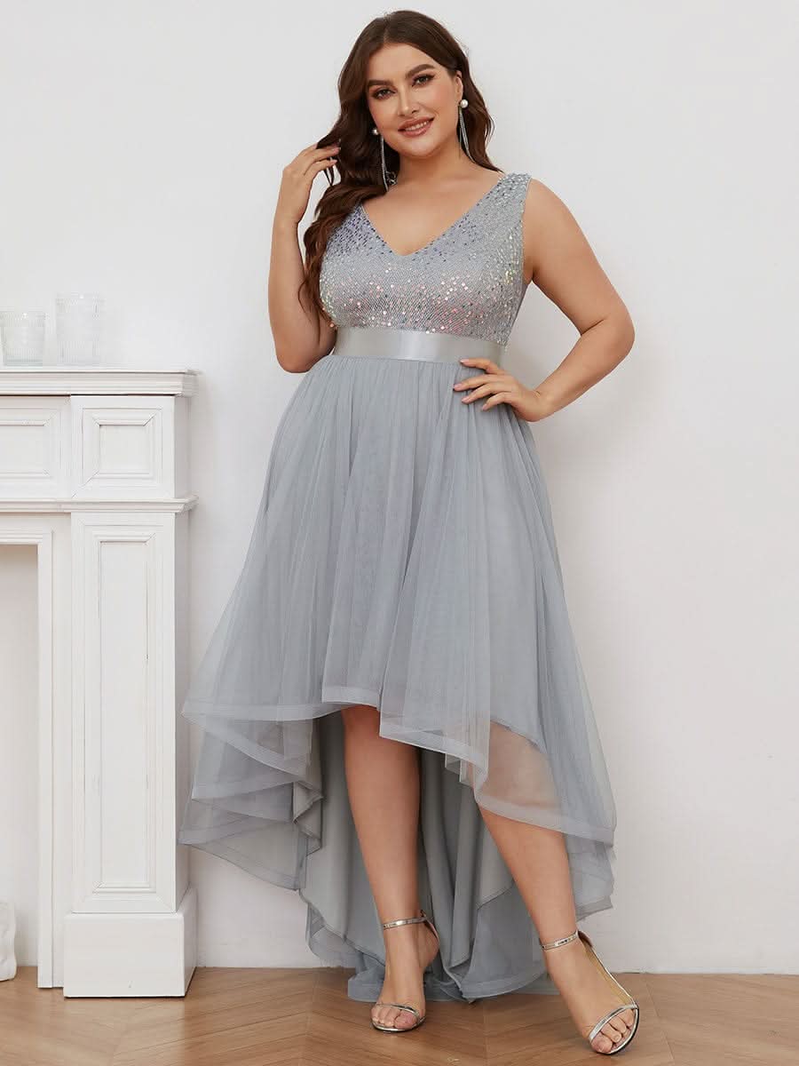 V-Ausschnitt Tulle high-low Paillettenkleider Sleeveless Abendkleider #farbe_silver