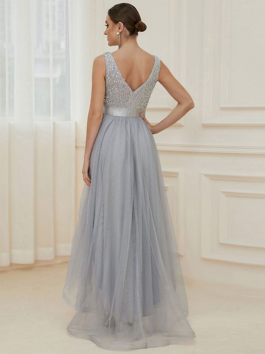 V-Ausschnitt Tulle high-low Paillettenkleider Sleeveless Abendkleider #farbe_silver