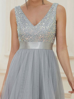 Größe Nach Maß V-Ausschnitt Tulle high-low Paillettenkleider Sleeveless Abendkleider 0147A