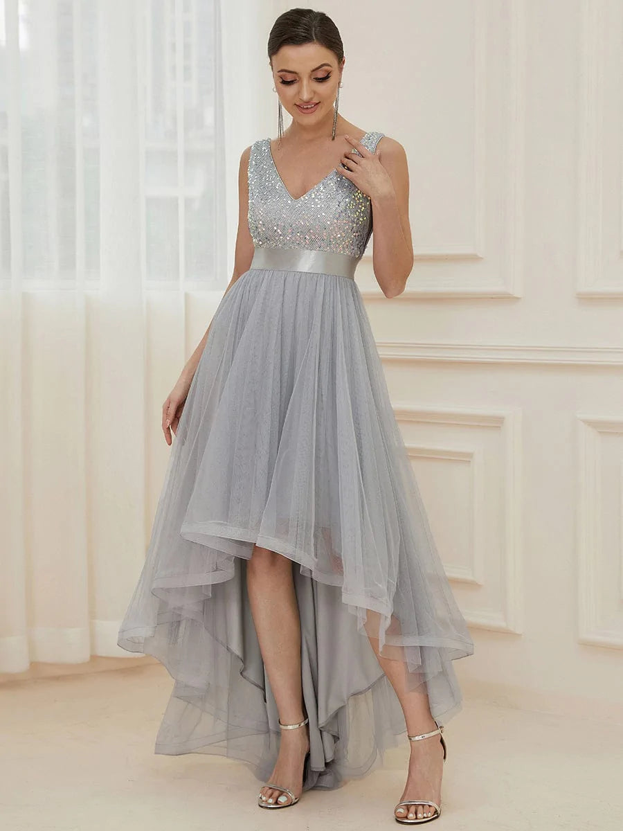V-Ausschnitt Tulle high-low Paillettenkleider Sleeveless Abendkleider #farbe_silver
