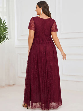Größe Nach Maß Kurzärmliges Spitzen-Abendkleid in A-Linie mit Rüschen und V-Ausschnitt 01489