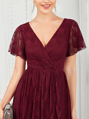 Größe Nach Maß Kurzärmliges Spitzen-Abendkleid in A-Linie mit Rüschen und V-Ausschnitt 01489