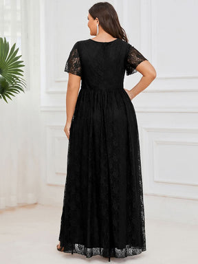 Größe Nach Maß Kurzärmliges Spitzen-Abendkleid in A-Linie mit Rüschen und V-Ausschnitt 01489