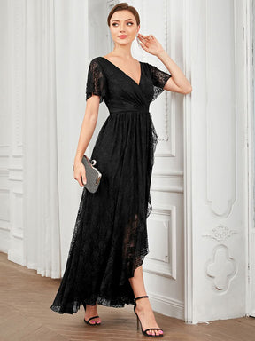 Größe Nach Maß Kurzärmliges Spitzen-Abendkleid in A-Linie mit Rüschen und V-Ausschnitt 01489