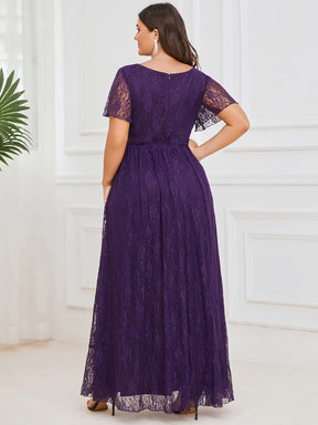 Größe Nach Maß Kurzärmliges Spitzen-Abendkleid in A-Linie mit Rüschen und V-Ausschnitt 01489